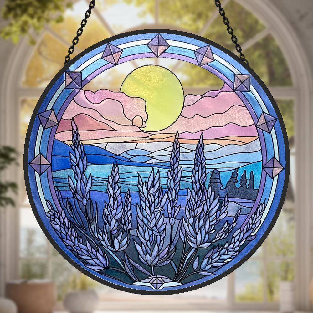 Lavender with Mountain Sun Catcher Decoration Stained Glass Window Hanging