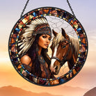 Native American Woman and Horse Sun Catcher Decoration Stained Glass Window Hanging