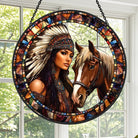 Native American Woman and Horse Sun Catcher Decoration Stained Glass Window Hanging