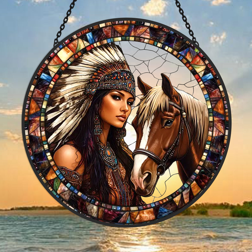 Native American Woman and Horse Sun Catcher Decoration Stained Glass Window Hanging