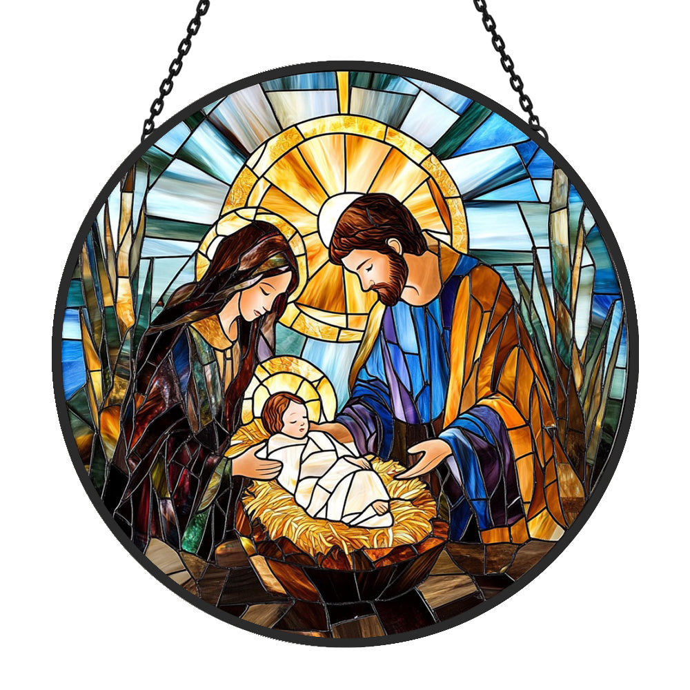 Nativity Scene Sun Catcher Decoration Stained Glass Window Hanging