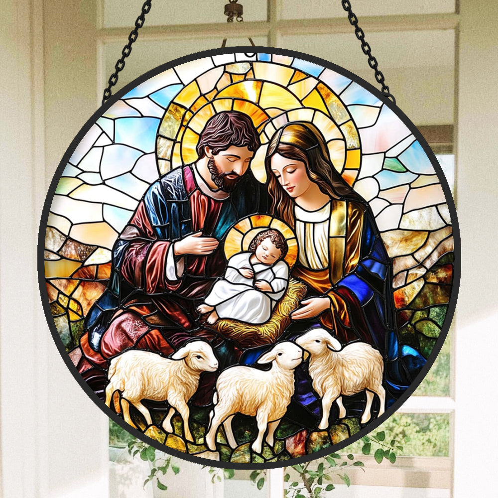 Nativity Scene Sun Catcher Decoration Stained Glass Window Hanging