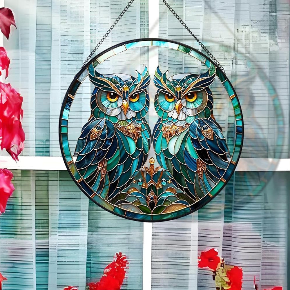 Owl Sun Catcher Decoration Stained Glass Window Hanging