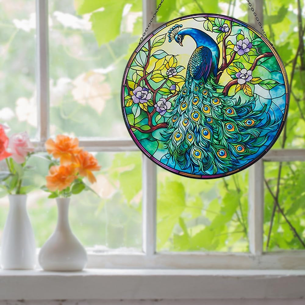 Peacock Sun Catcher Decoration Stained Glass Window Hanging
