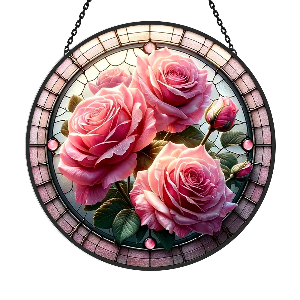 Pink Roses Sun Catcher Decoration Stained Glass Window Hanging