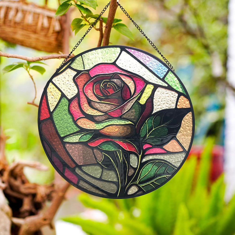 Rose Sun Catcher Decoration Stained Glass Window Hanging