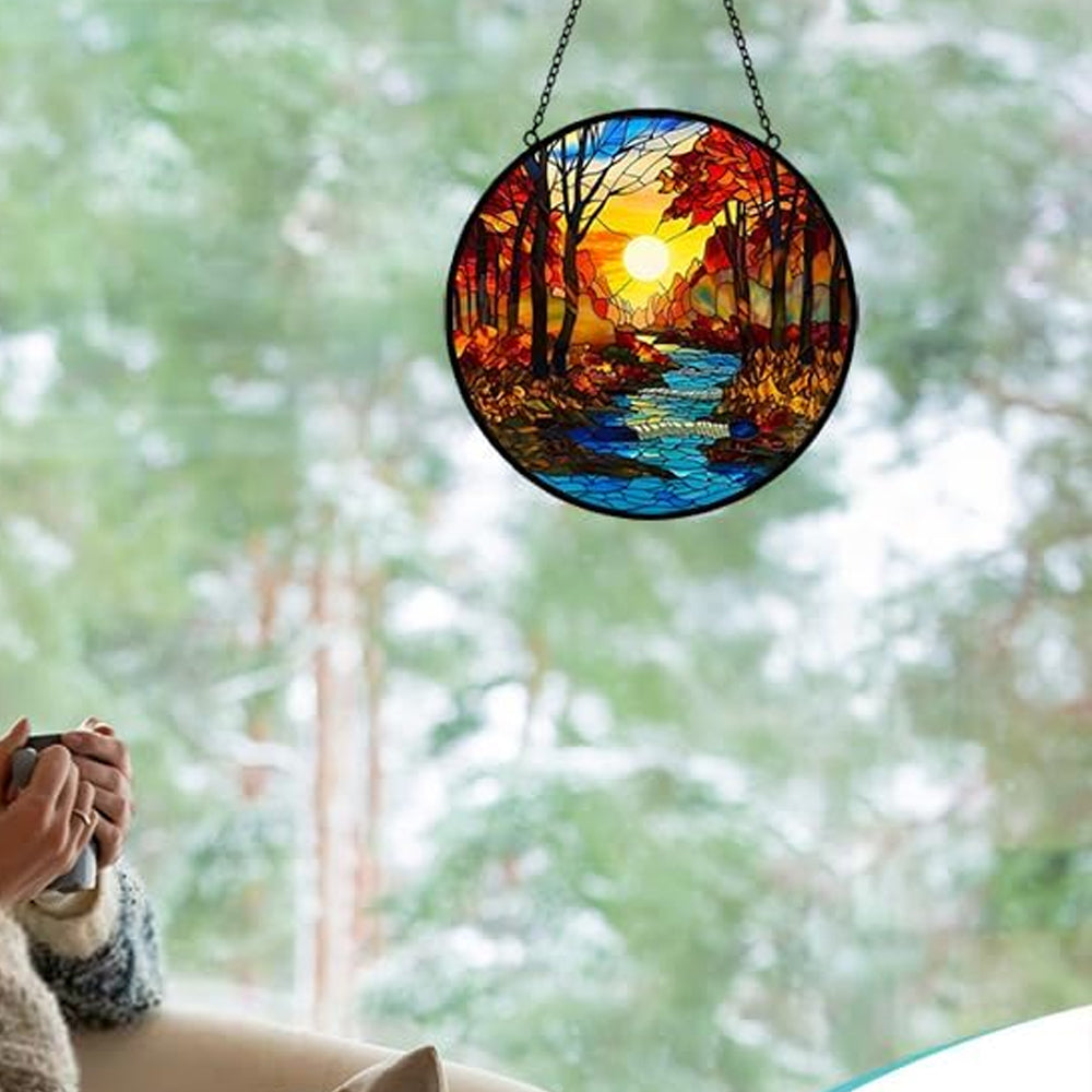 Sunrise Tree and River Sun Catcher Decoration Stained Glass Window Hanging