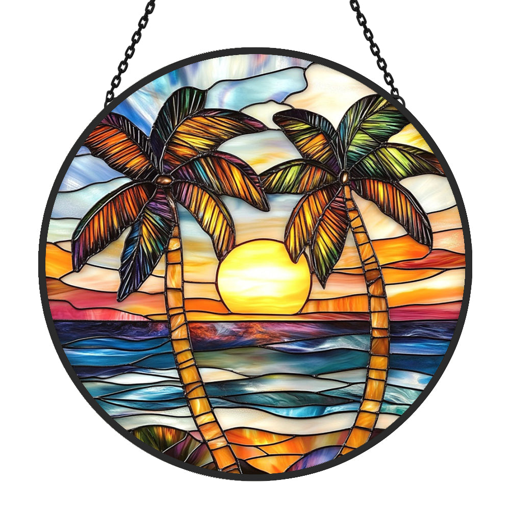 Tropical Sunset Palm Tree Sun Catcher Decoration Stained Glass Window Hanging