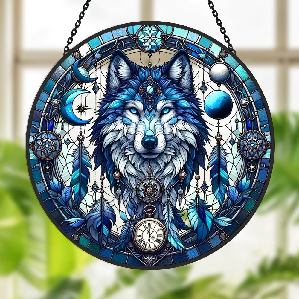 Wolf Sun Catcher Decoration Stained Glass Window Hanging