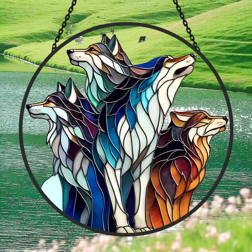 Wolf Sun Catcher Decoration Stained Glass Window Hanging