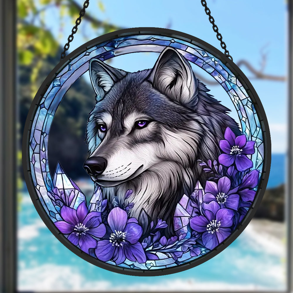 Wolf Sun Catcher Decoration Stained Glass Window Hanging