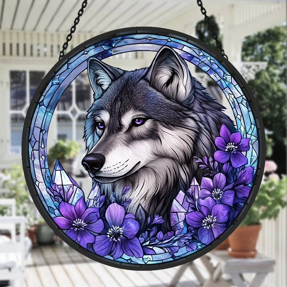 Wolf Sun Catcher Decoration Stained Glass Window Hanging